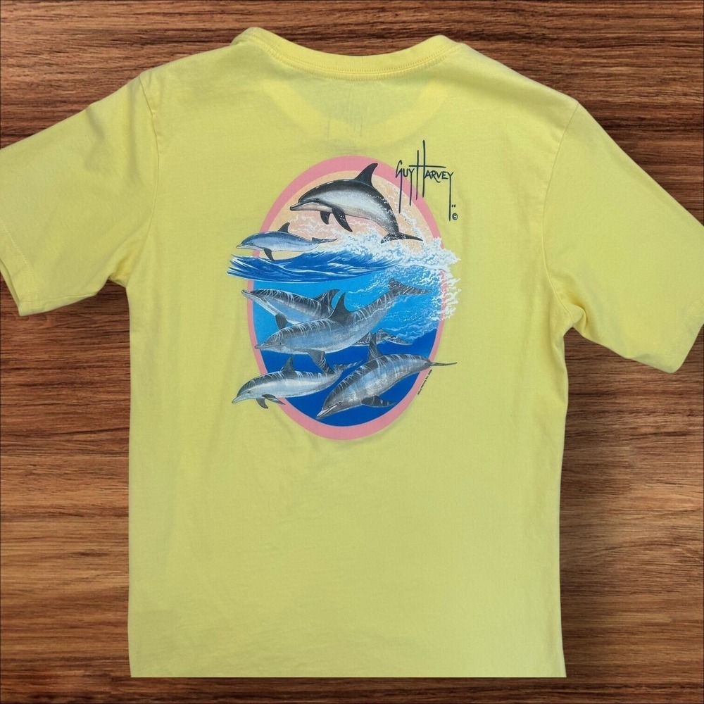 Guy Harvey Graphic T-Shirt Boys XXL Yellow‎ Dolphins Crew Neck Short Sleeve Top